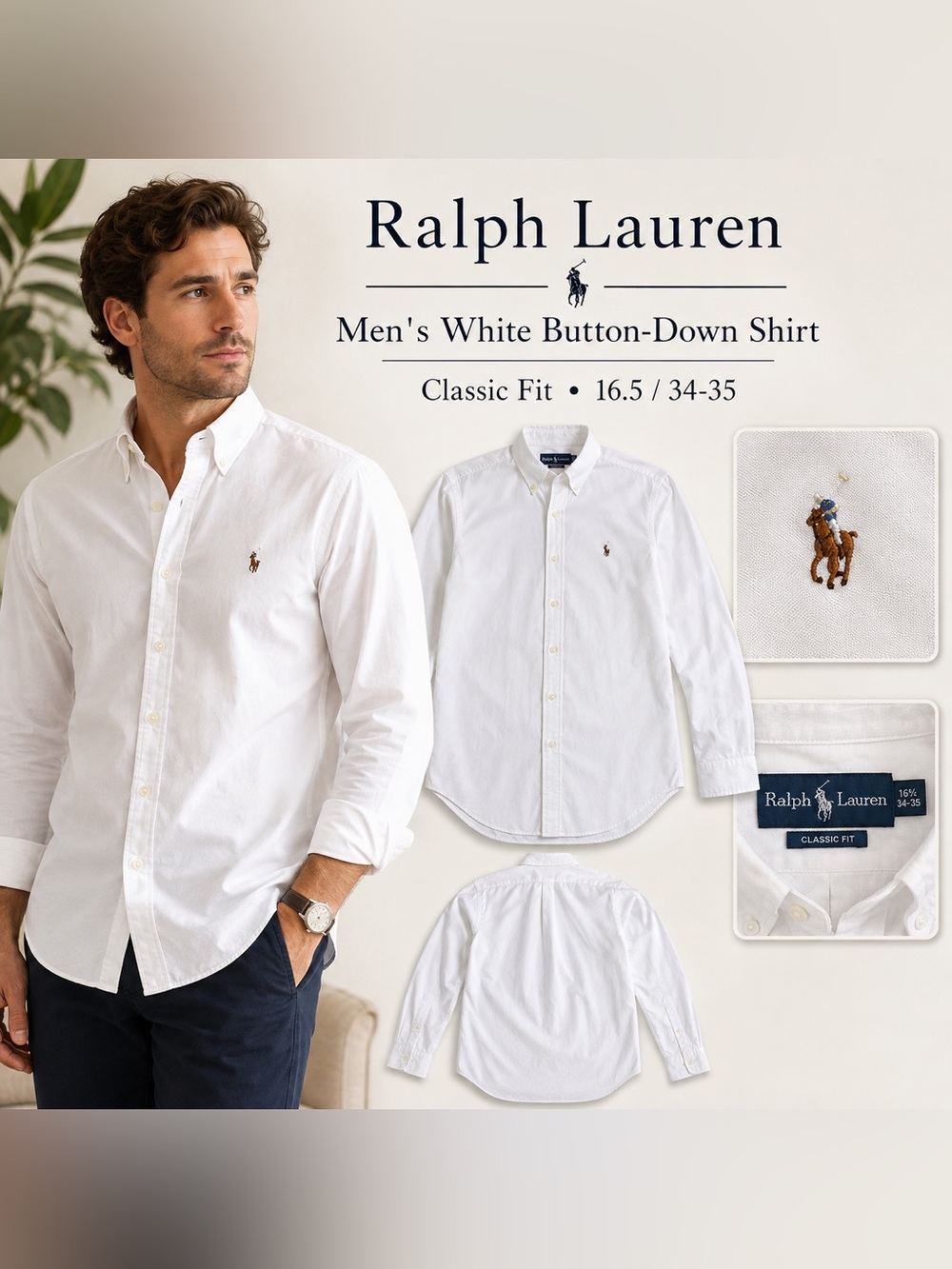 Ralph Lauren Men’s White Classic Fit Oxford Button Down Shirt 16.5 34/35